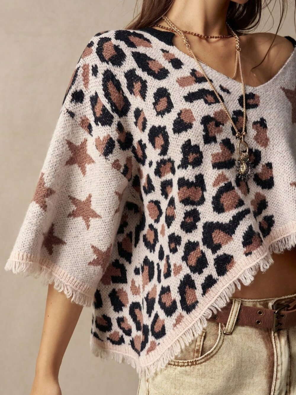 Brown Casual Women's Leopard Print & Star Sweater - Picture 4 of 8